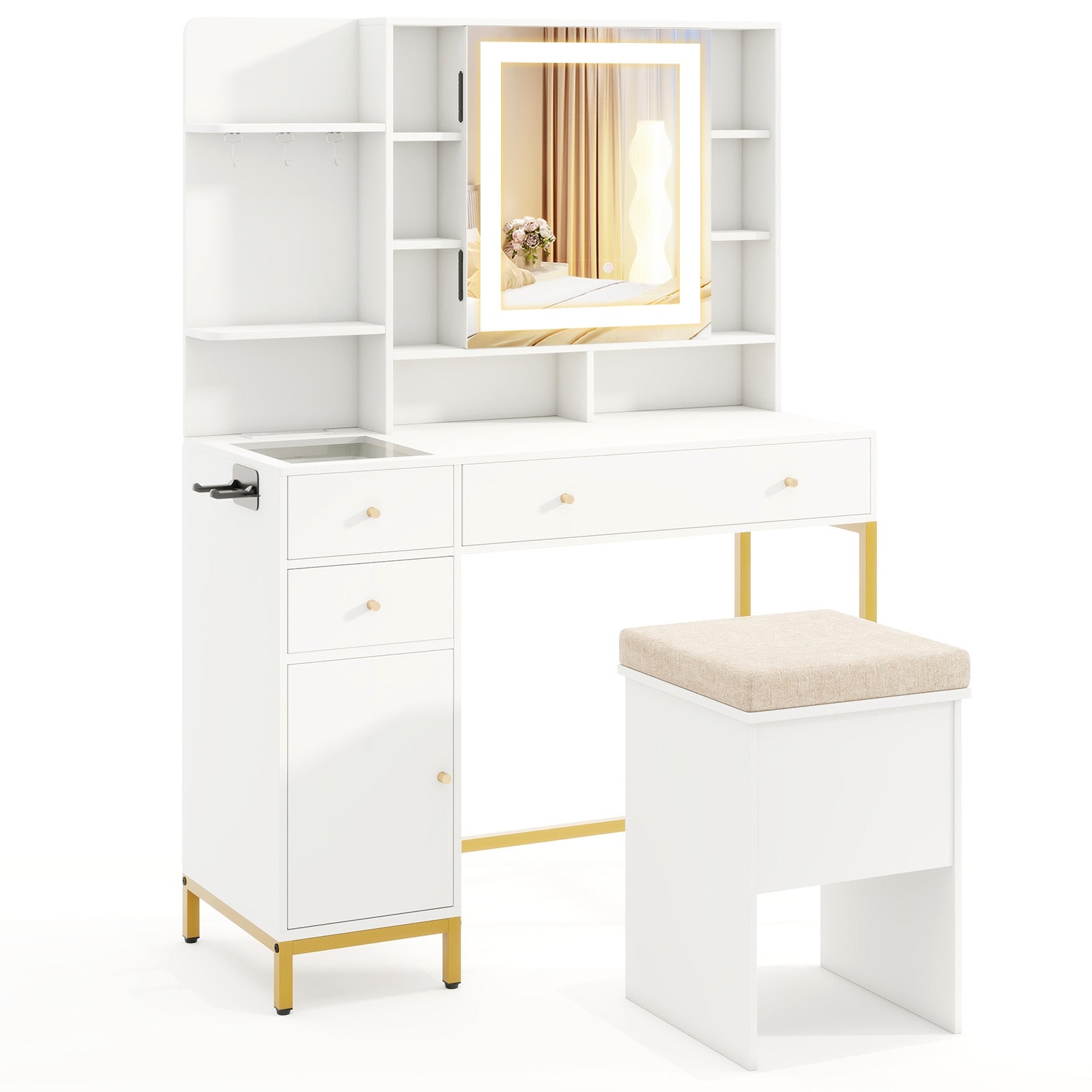Makeup Dressing Table And Stool Set, 3 Lighting Modes, Cabinet, White Makeup Vanities at Gallery Canada