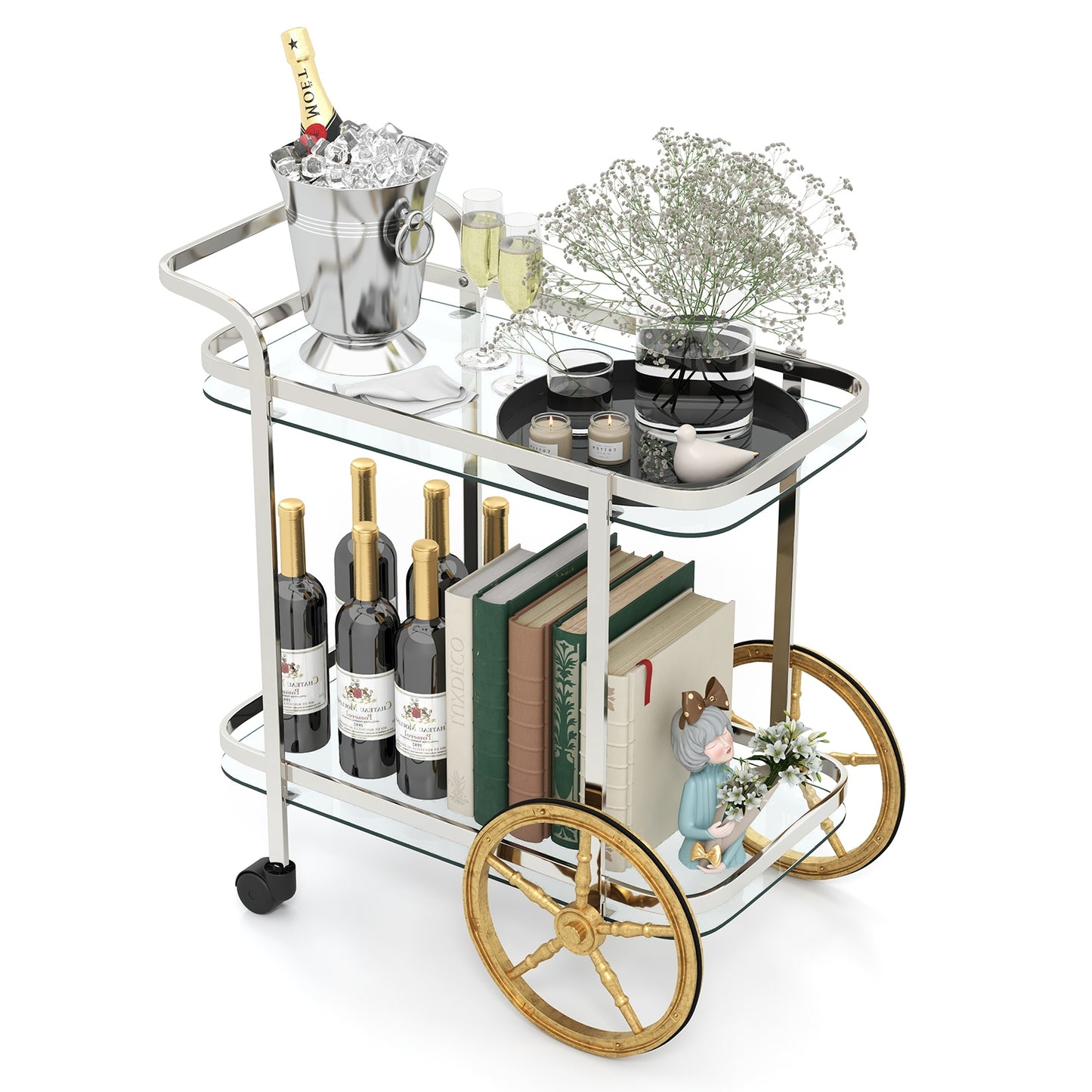 2-Tier Tempered Glass Bar Cart with 2 Large Aluminum Wheels and 2 Rolling Casters, Transparent Kitchen Islands & Carts at Gallery Canada