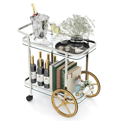 2-Tier Tempered Glass Bar Cart with 2 Large Aluminum Wheels and 2 Rolling Casters, Transparent Kitchen Islands & Carts at Gallery Canada
