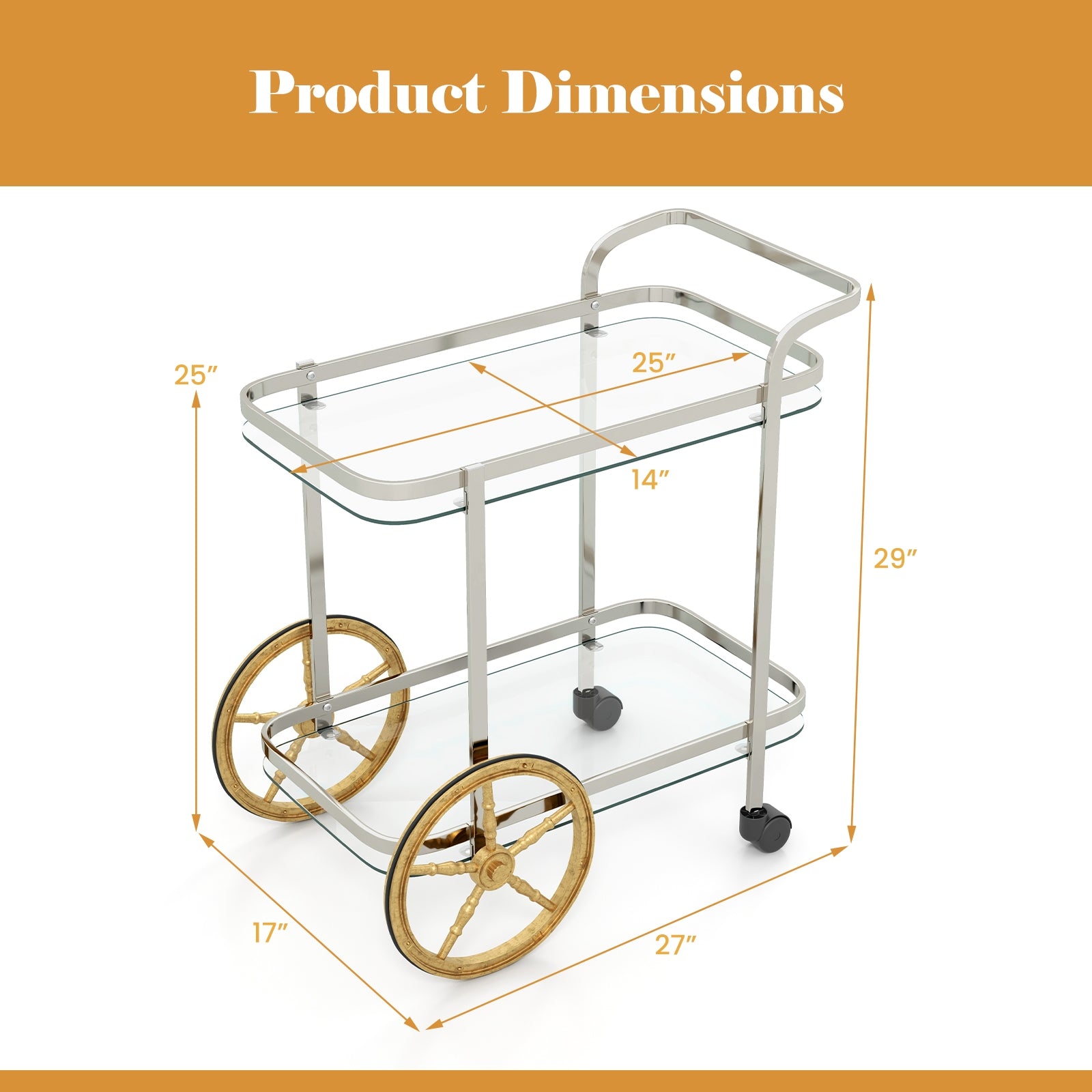 2-Tier Tempered Glass Bar Cart with 2 Large Aluminum Wheels and 2 Rolling Casters, Transparent Kitchen Islands & Carts at Gallery Canada