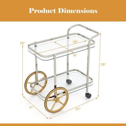 2-Tier Tempered Glass Bar Cart with 2 Large Aluminum Wheels and 2 Rolling Casters, Transparent Kitchen Islands & Carts at Gallery Canada