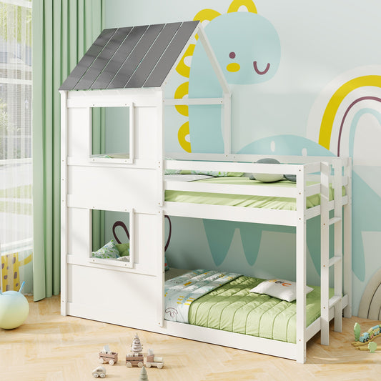 Wooden Twin Over Twin Bunk Bed, Full Safety Guardrail, Ladder, White, Gray Bunk Bed Frame Gray & White at Gallery Canada