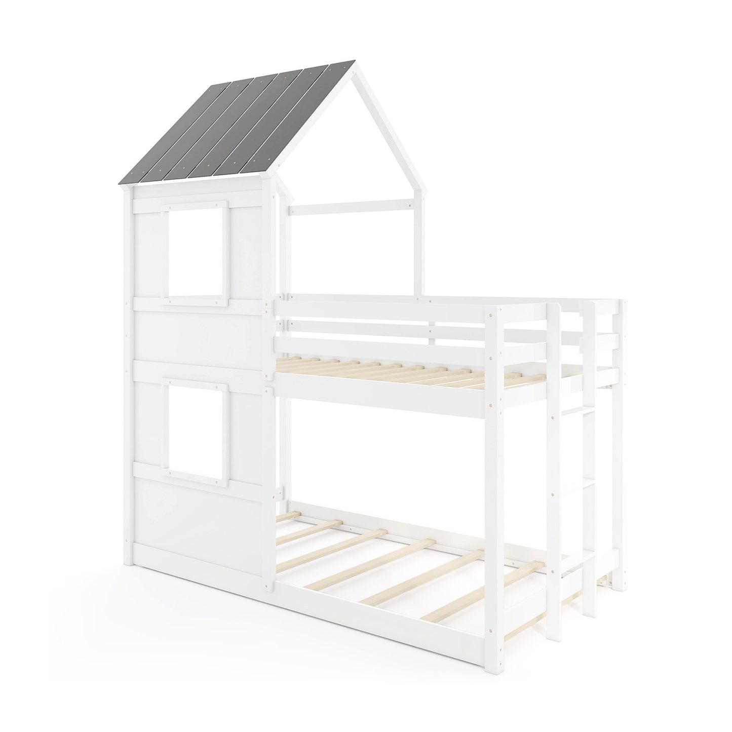 Wooden Twin Over Twin Bunk Bed with Full-length Safety Guardrail and Ladder-White and Gray, Gray & White Bunk Bed Frame at Gallery Canada