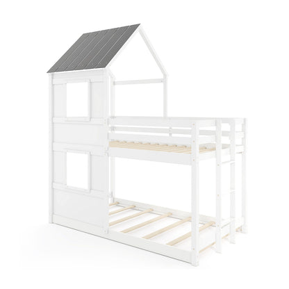 Wooden Twin Over Twin Bunk Bed with Full-length Safety Guardrail and Ladder-White and Gray, Gray & White Bunk Bed Frame at Gallery Canada