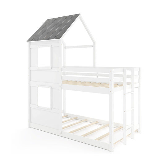 Wooden Twin Over Twin Bunk Bed, Full Safety Guardrail, Ladder, White, Gray