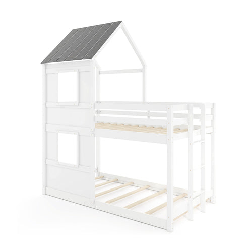 Wooden Twin Over Twin Bunk Bed, Full Safety Guardrail, Ladder, White, Gray