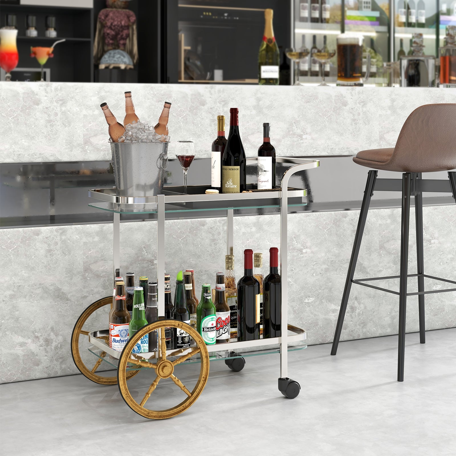 2-Tier Tempered Glass Bar Cart with 2 Large Aluminum Wheels and 2 Rolling Casters, Transparent Kitchen Islands & Carts at Gallery Canada