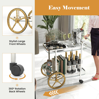 2-Tier Tempered Glass Bar Cart with 2 Large Aluminum Wheels and 2 Rolling Casters, Transparent Kitchen Islands & Carts at Gallery Canada
