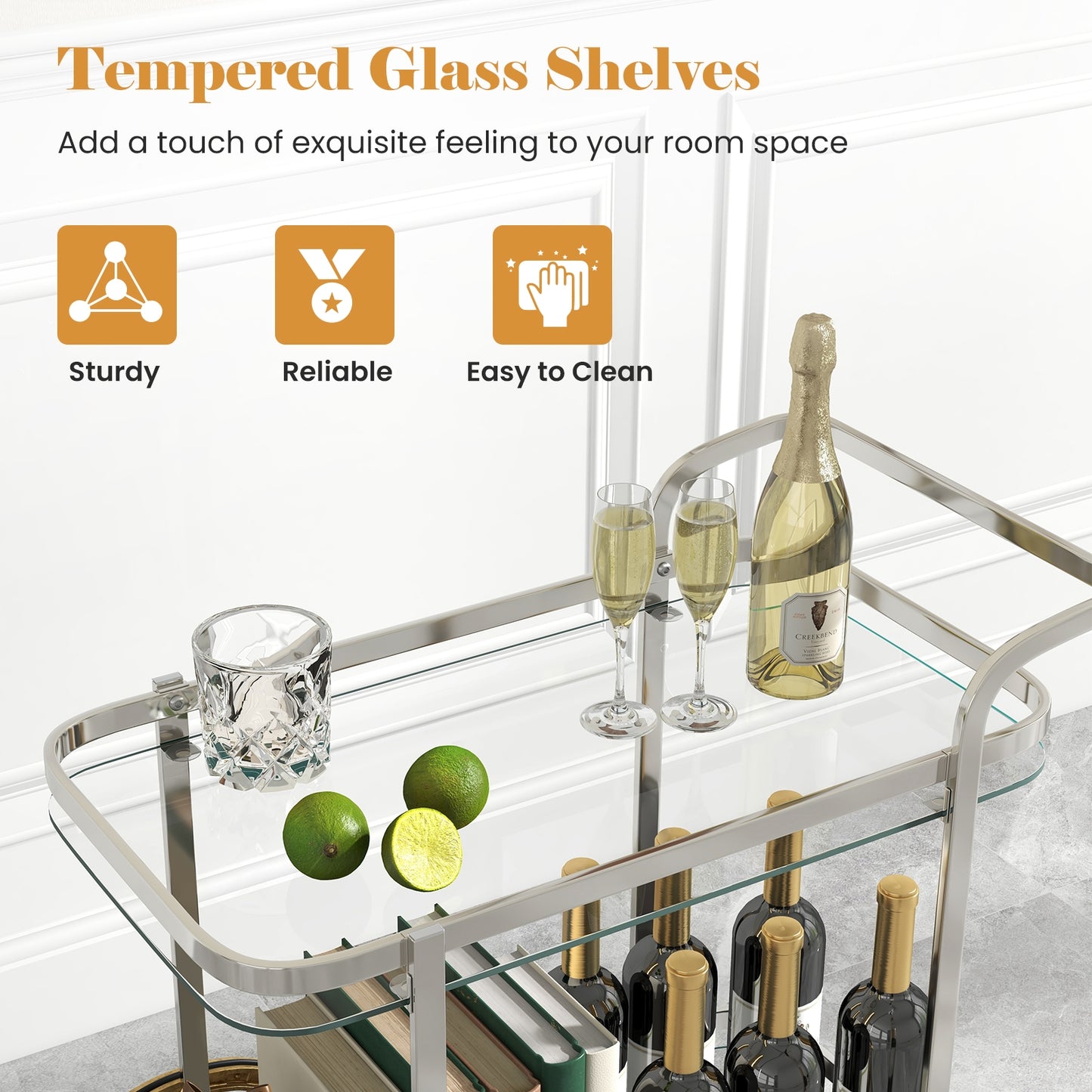 2-Tier Tempered Glass Bar Cart with 2 Large Aluminum Wheels and 2 Rolling Casters, Transparent Kitchen Islands & Carts at Gallery Canada