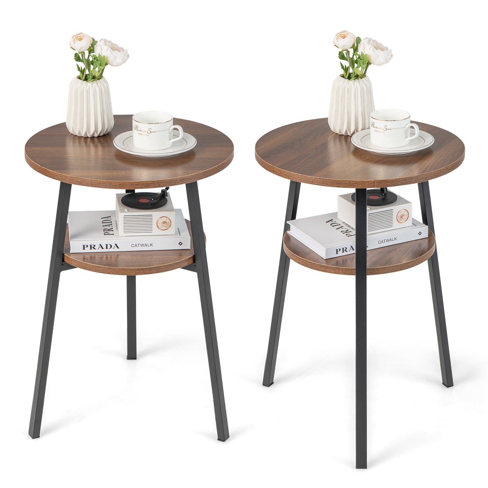 2-Tier Round End Table Set, Open Shelf, Triangular Metal Frame, Walnut End & Side Tables at Gallery Canada