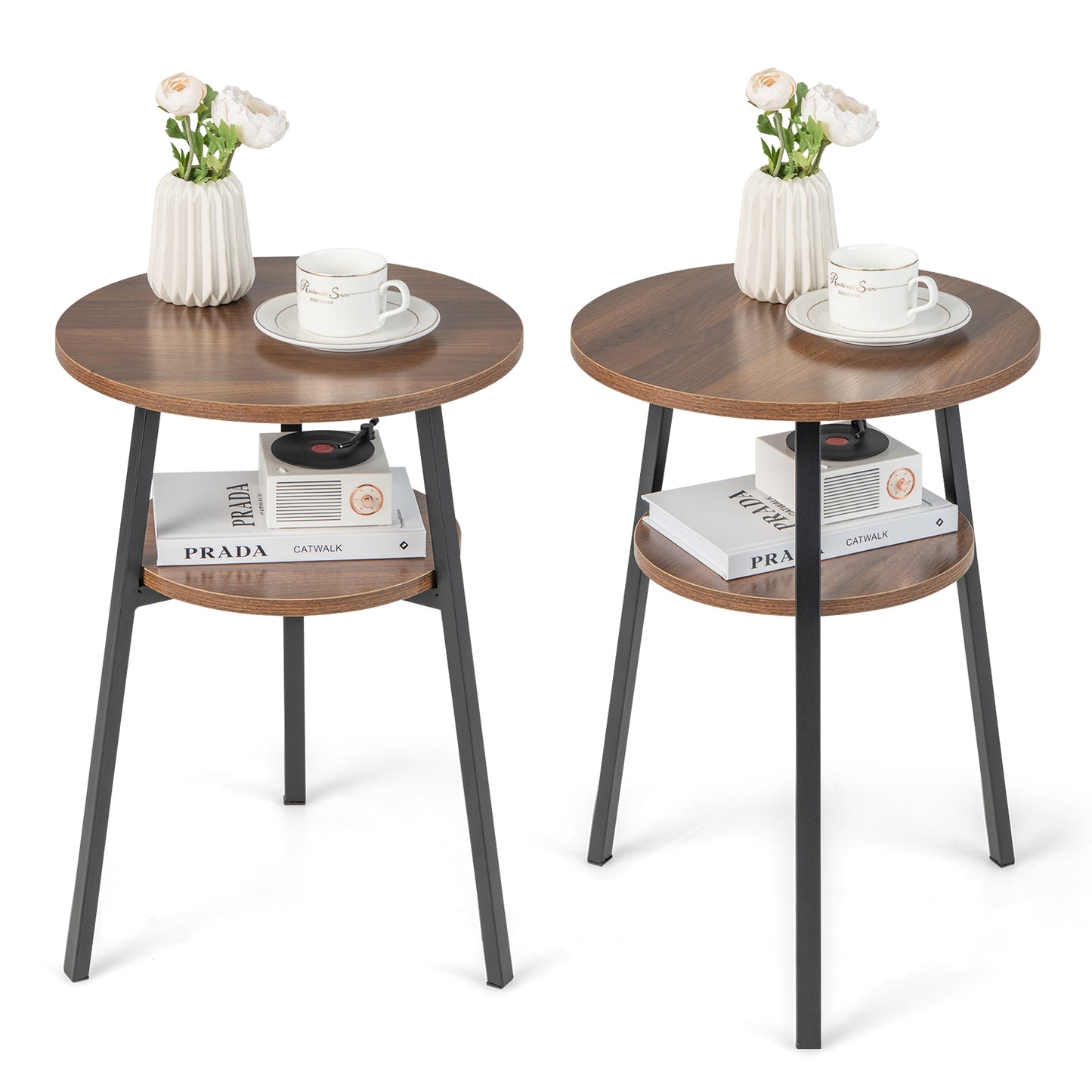 2-Tier Round End Table Set, Open Shelf, Triangular Metal Frame, Walnut End & Side Tables at Gallery Canada