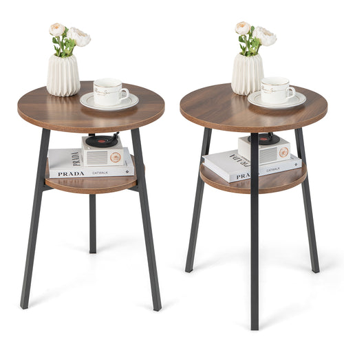 2-Tier Round End Table Set, Open Shelf, Triangular Metal Frame, Walnut