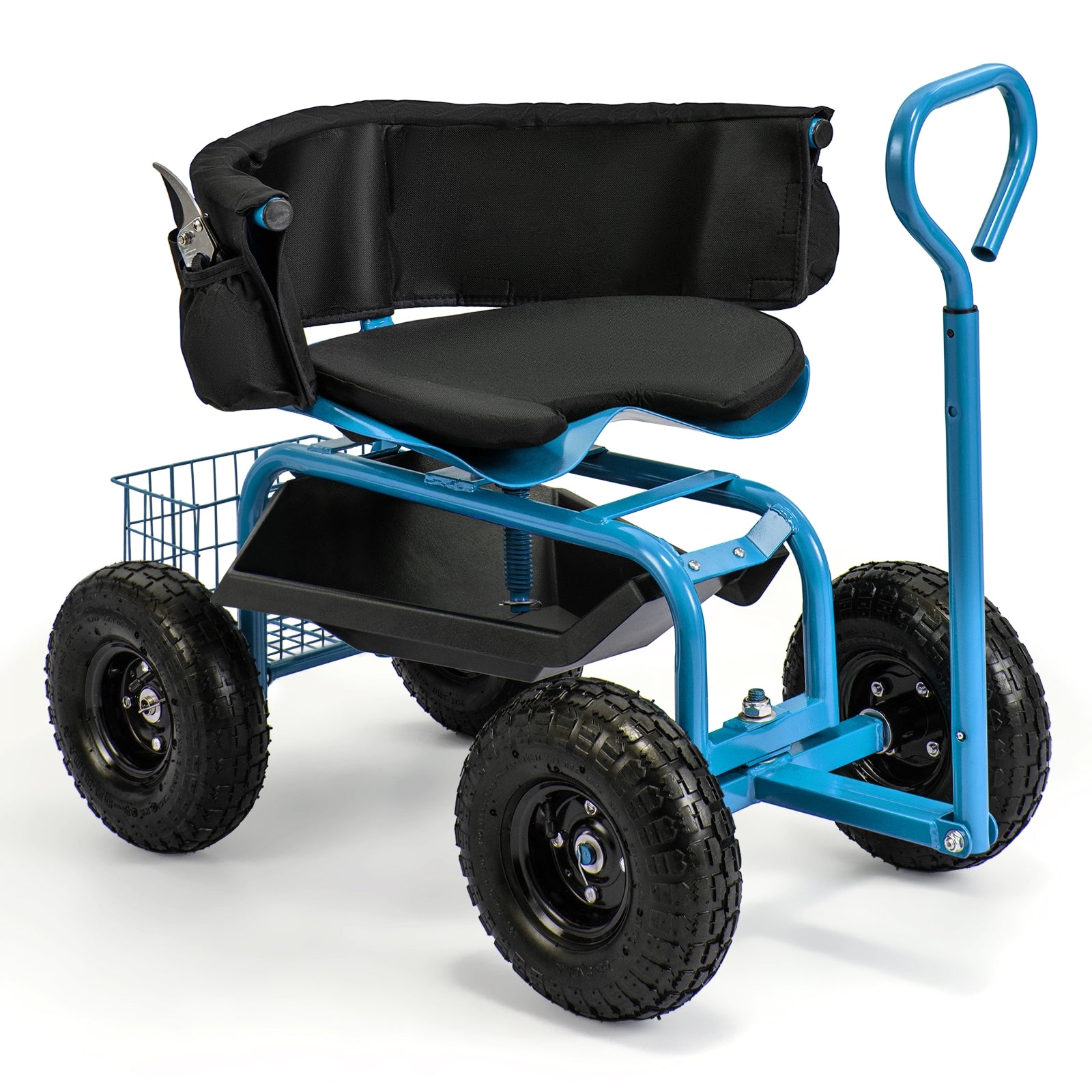 Cushioned Rolling Garden Cart Scooter With Storage Basket, Tool Pouch, Blue Garden Carts at Gallery Canada
