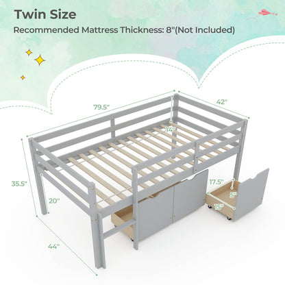 Twin Size Low Loft Bed with 3 Drawers with Ladder and Full-length Guardrails, Gray Trundle Bed Frame at Gallery Canada