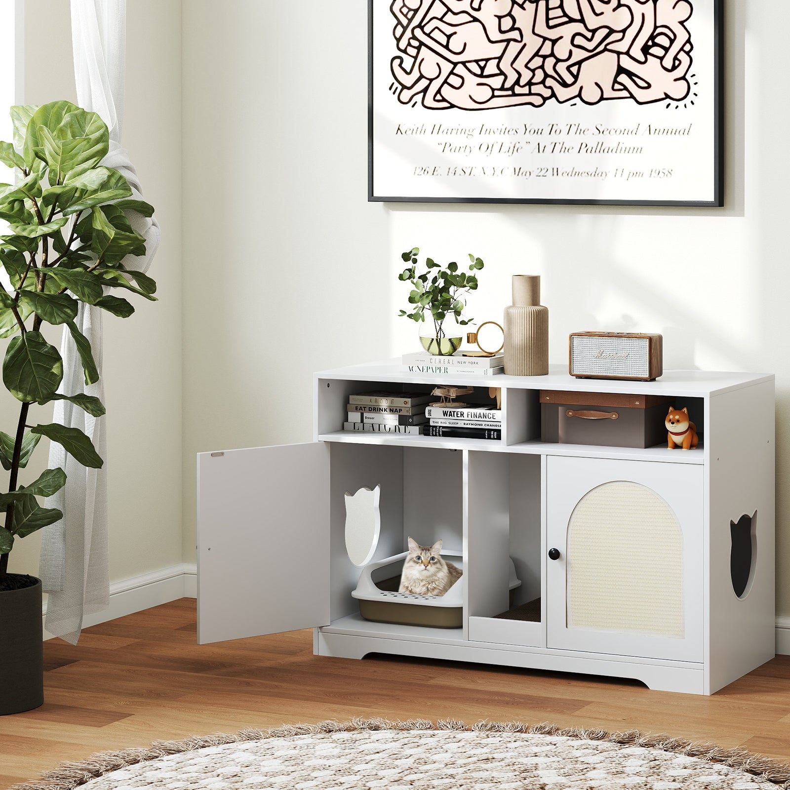 43 Inches Cat Litter Box Enclosure with Storage and Double Rooms, White Cat Houses at Gallery Canada