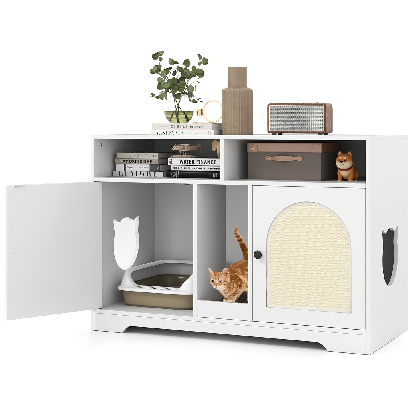 43 Inches Cat Litter Box Enclosure, Storage, Double Rooms, White Cat Houses at Gallery Canada