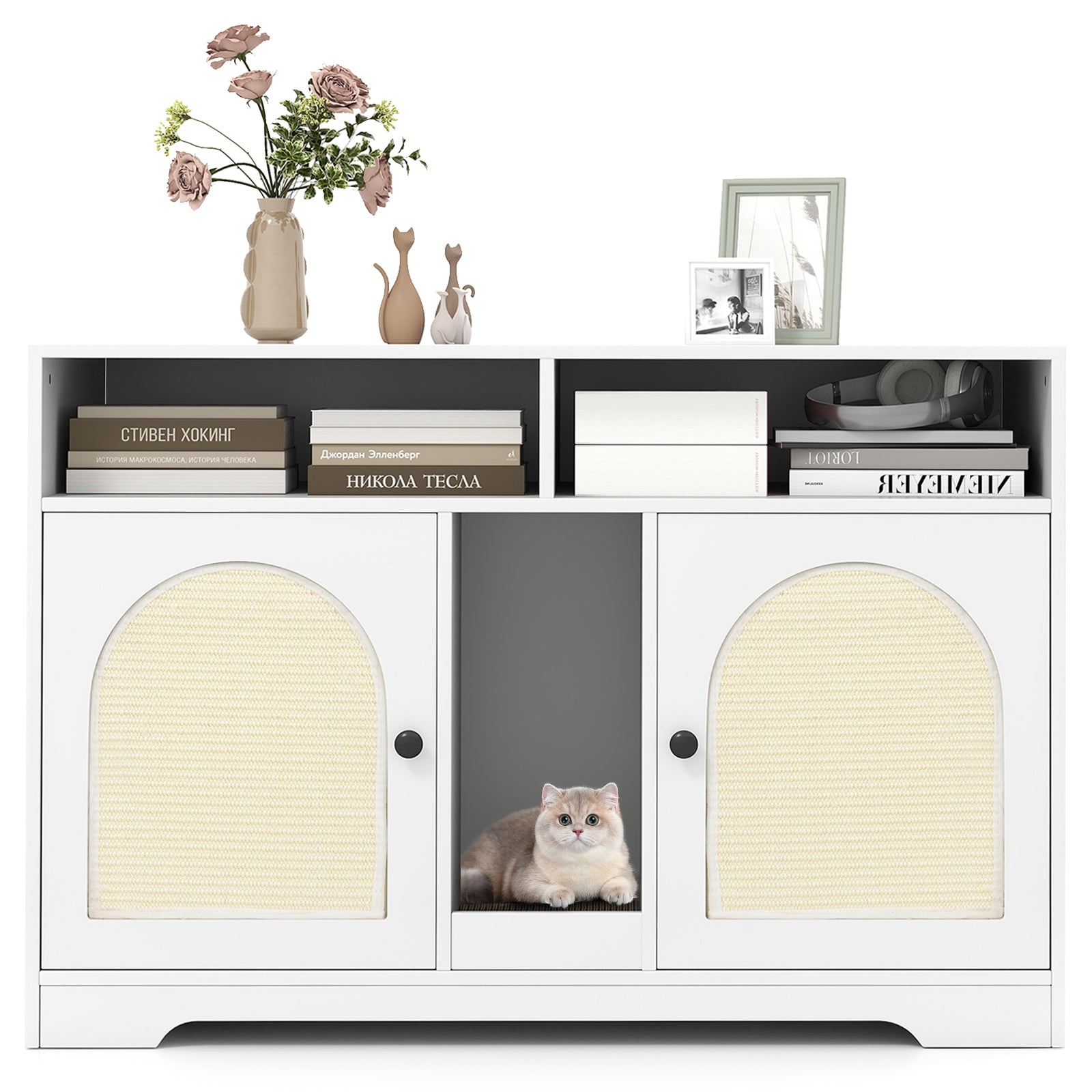 43 Inches Cat Litter Box Enclosure with Storage and Double Rooms, White Cat Houses at Gallery Canada