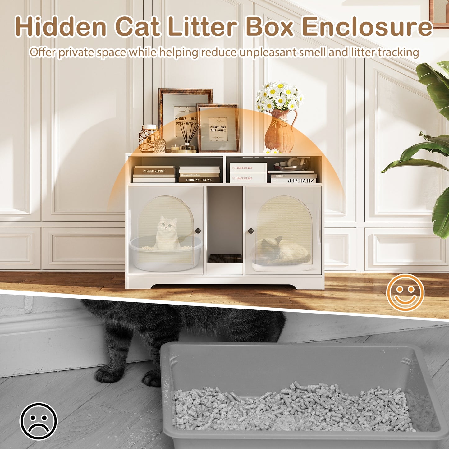 43 Inches Cat Litter Box Enclosure with Storage and Double Rooms, White Cat Houses at Gallery Canada