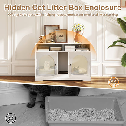43 Inches Cat Litter Box Enclosure with Storage and Double Rooms, White Cat Houses at Gallery Canada