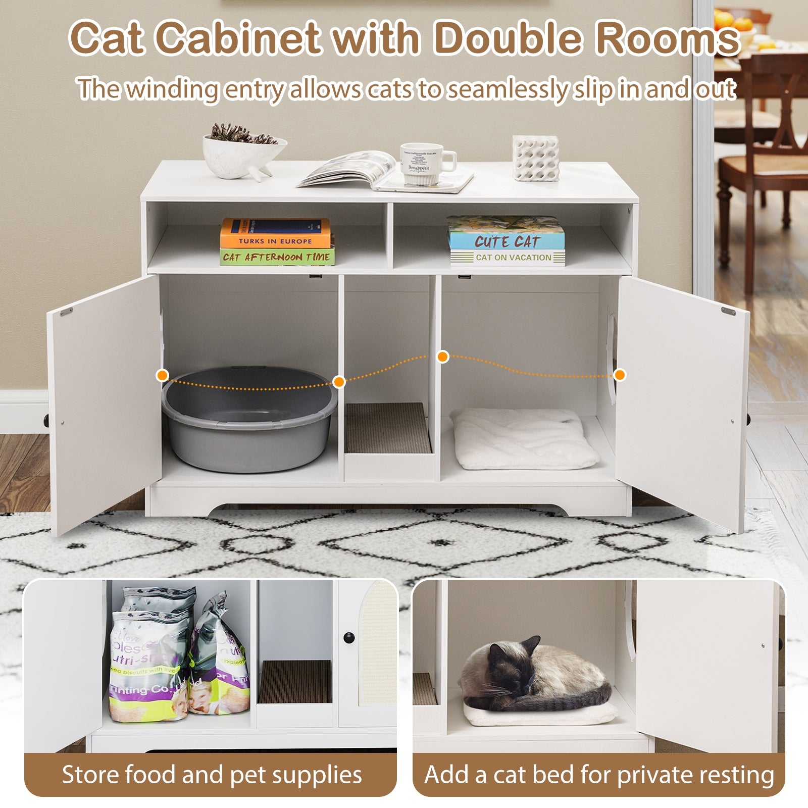 43 Inches Cat Litter Box Enclosure with Storage and Double Rooms, White Cat Houses at Gallery Canada