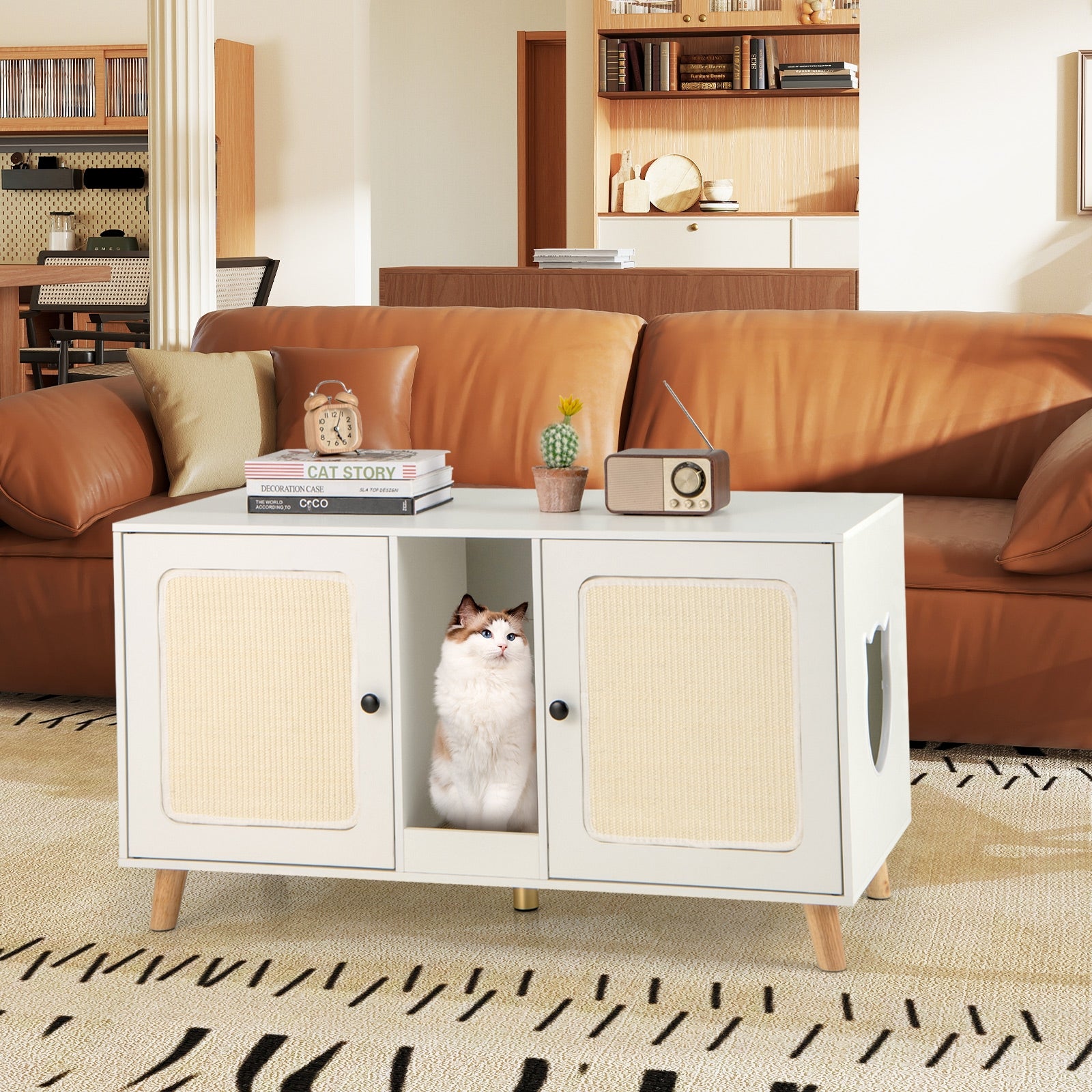 43 Inches Cat Litter Box Enclosure with Double Rooms and 2 Sisal Scratching Mats, White Cat Houses at Gallery Canada