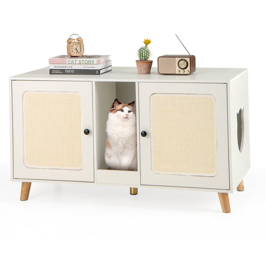 43 Inches Cat Litter Box Enclosure with Double Rooms and 2 Sisal Scratching Mats, White Cat Houses White at Gallery Canada