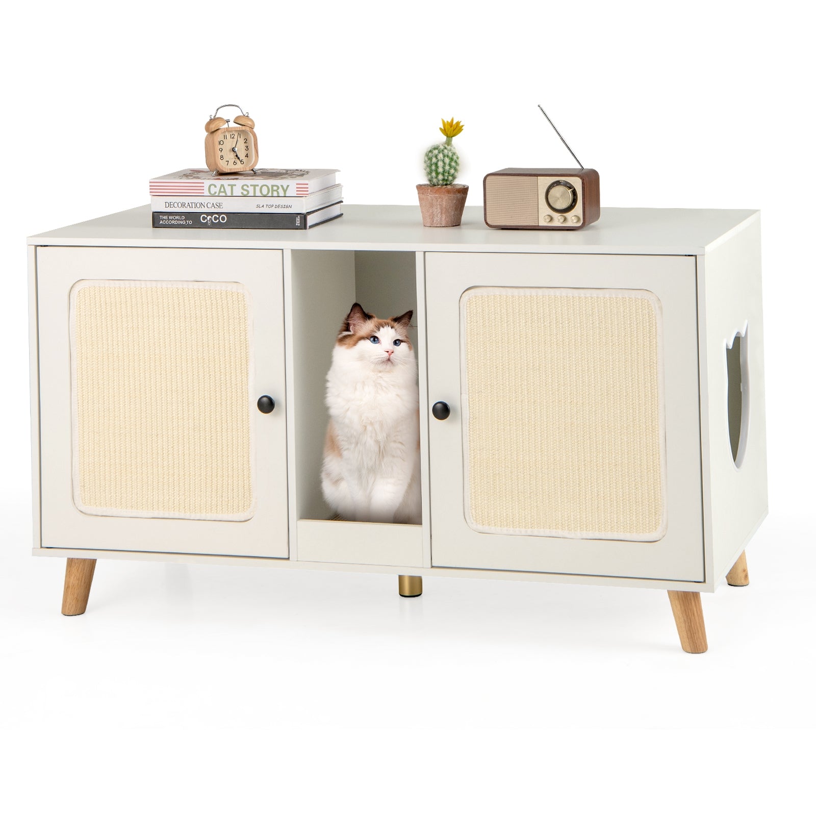 43 Inches Cat Litter Box Enclosure with Double Rooms and 2 Sisal Scratching Mats, White Cat Houses at Gallery Canada