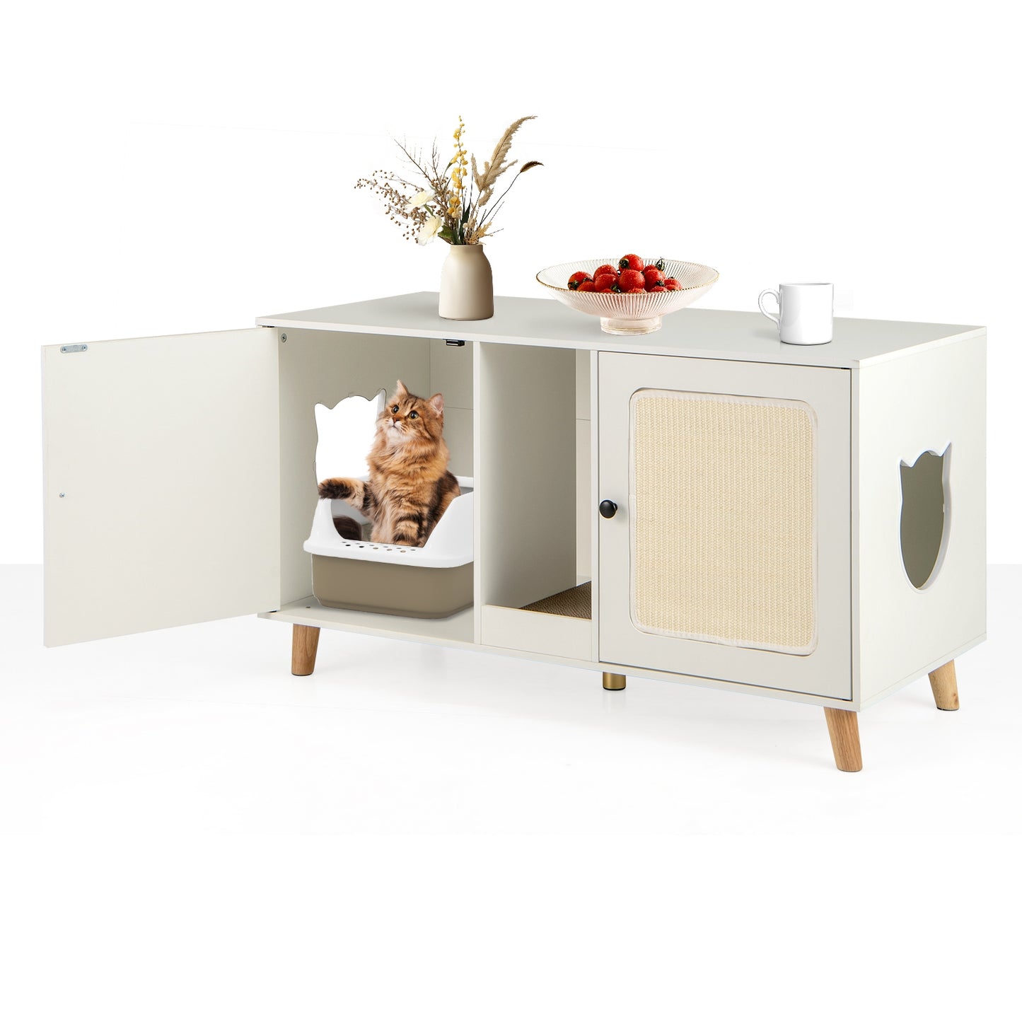 43 Inches Cat Litter Box Enclosure with Double Rooms and 2 Sisal Scratching Mats, White Cat Houses at Gallery Canada