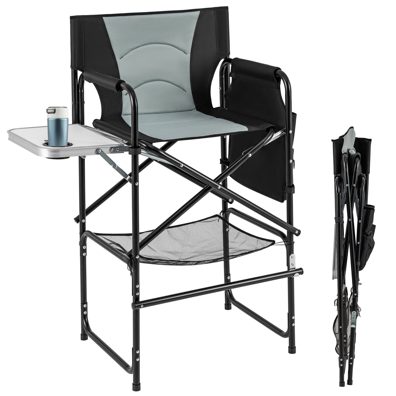 46 Inches Tall Directors Chair, Foldable Side Table, Footrest, Gray Office Chairs Gray at Gallery Canada