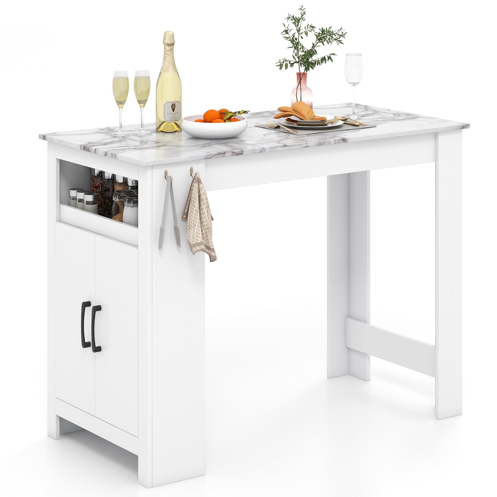 Bar Table Faux Marble Pub Table with 7 Hanging Hooks Compartment, White Dining Tables at Gallery Canada