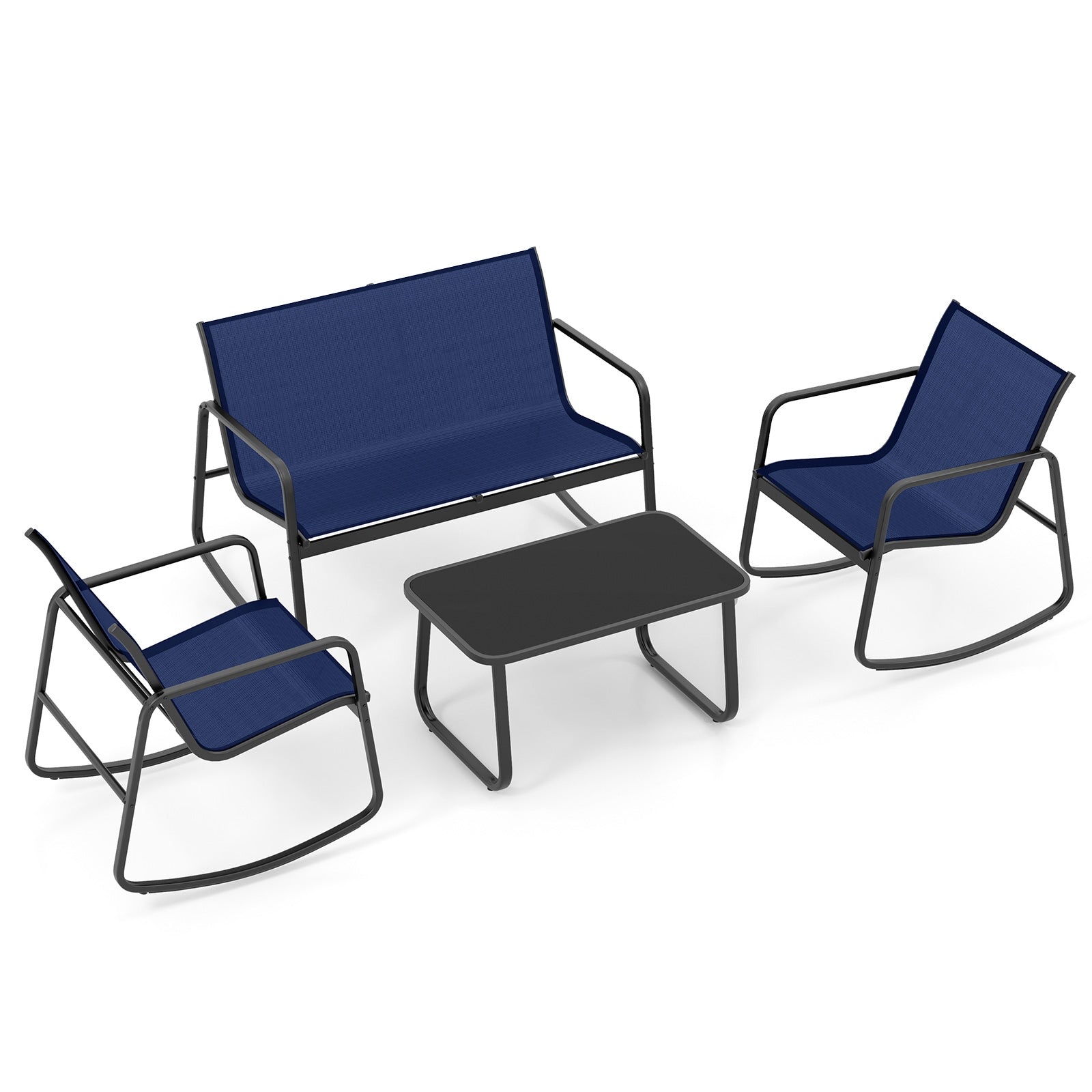 4 Piece Patio Rocking Set, Glass-Top Table, Navy Patio Conversation Sets at Gallery Canada