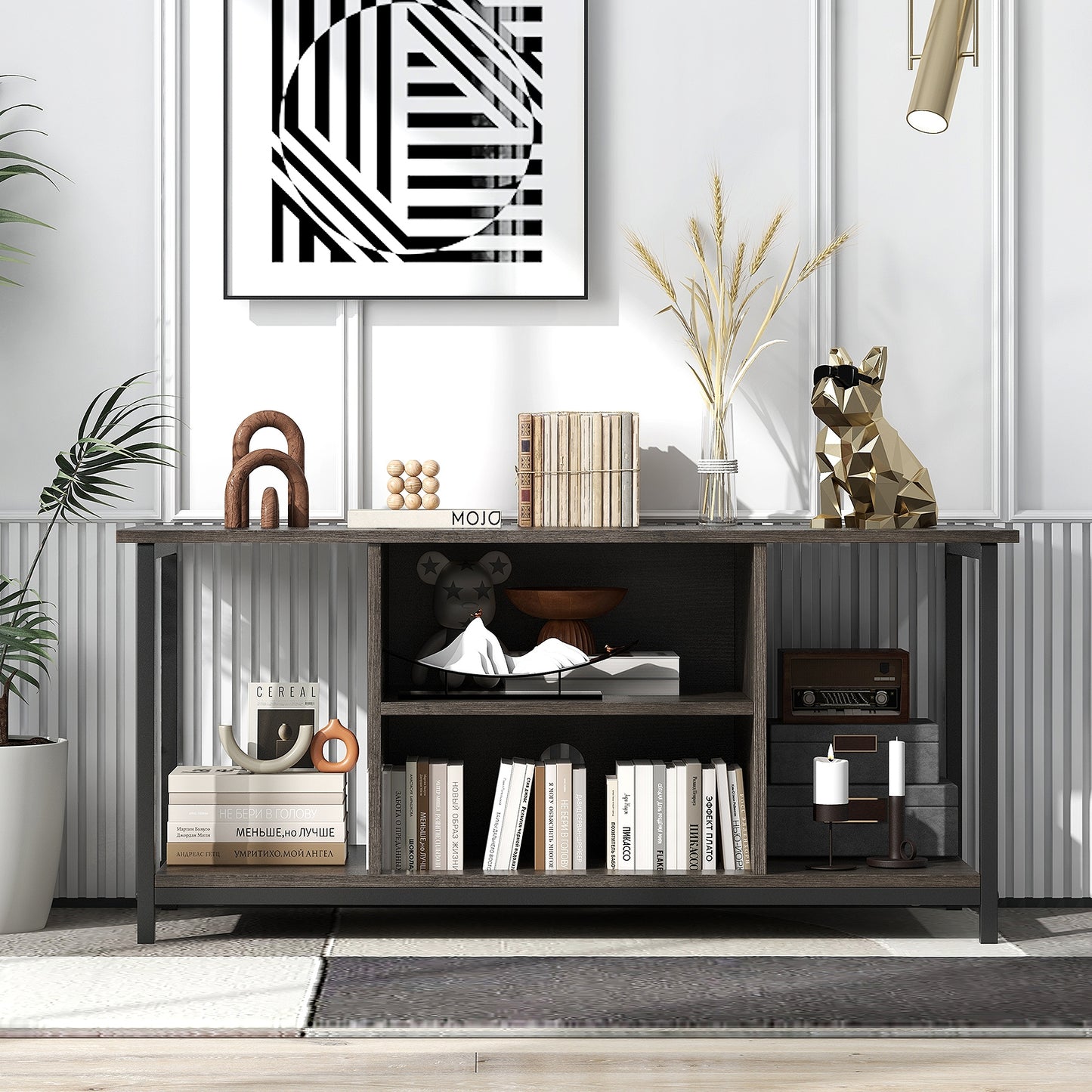 3-Tier TV Stand with Power Outlet USB and Adjustable Shelf, Gray Entertainment Centers & TV Stands at Gallery Canada