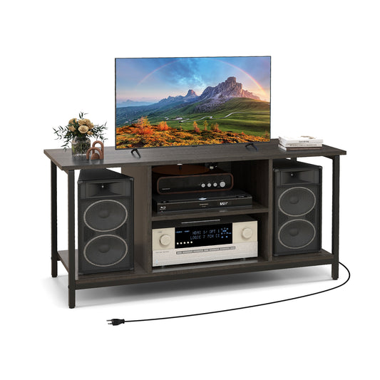 3-Tier TV Stand with Power Outlet USB and Adjustable Shelf, Gray Entertainment Centers & TV Stands Gray at Gallery Canada