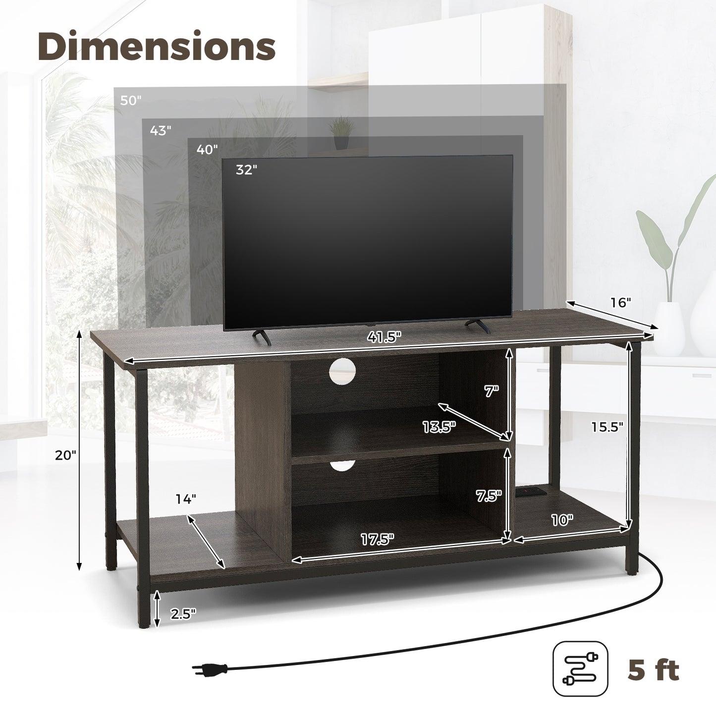 3-Tier TV Stand with Power Outlet USB and Adjustable Shelf, Gray Entertainment Centers & TV Stands at Gallery Canada
