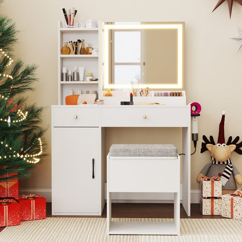 Vanity Dressing Table And Chair Set With Mirror And Lights, White
