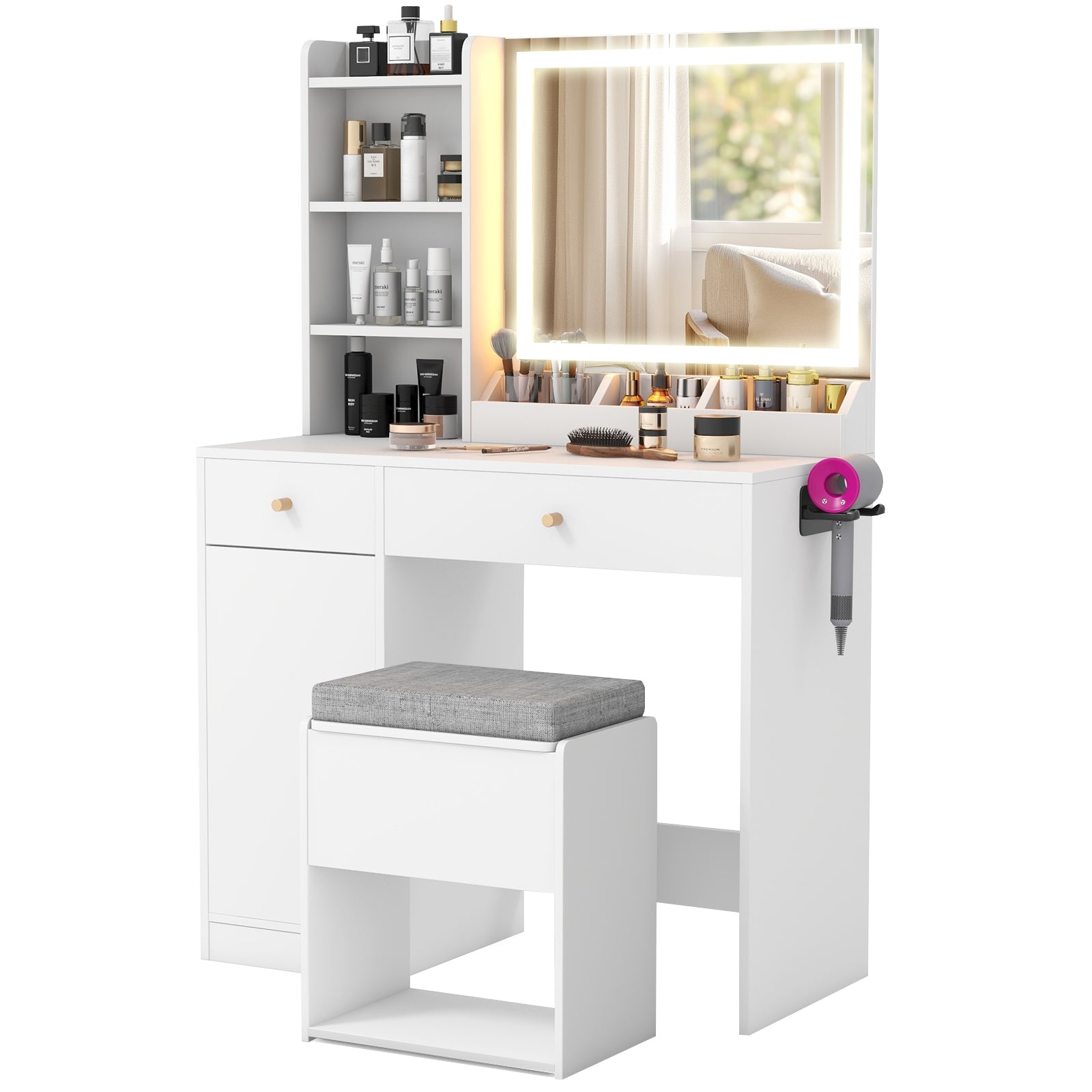 Vanity Dressing Table and Chair Set with Mirror and Lights, White Makeup Vanities at Gallery Canada