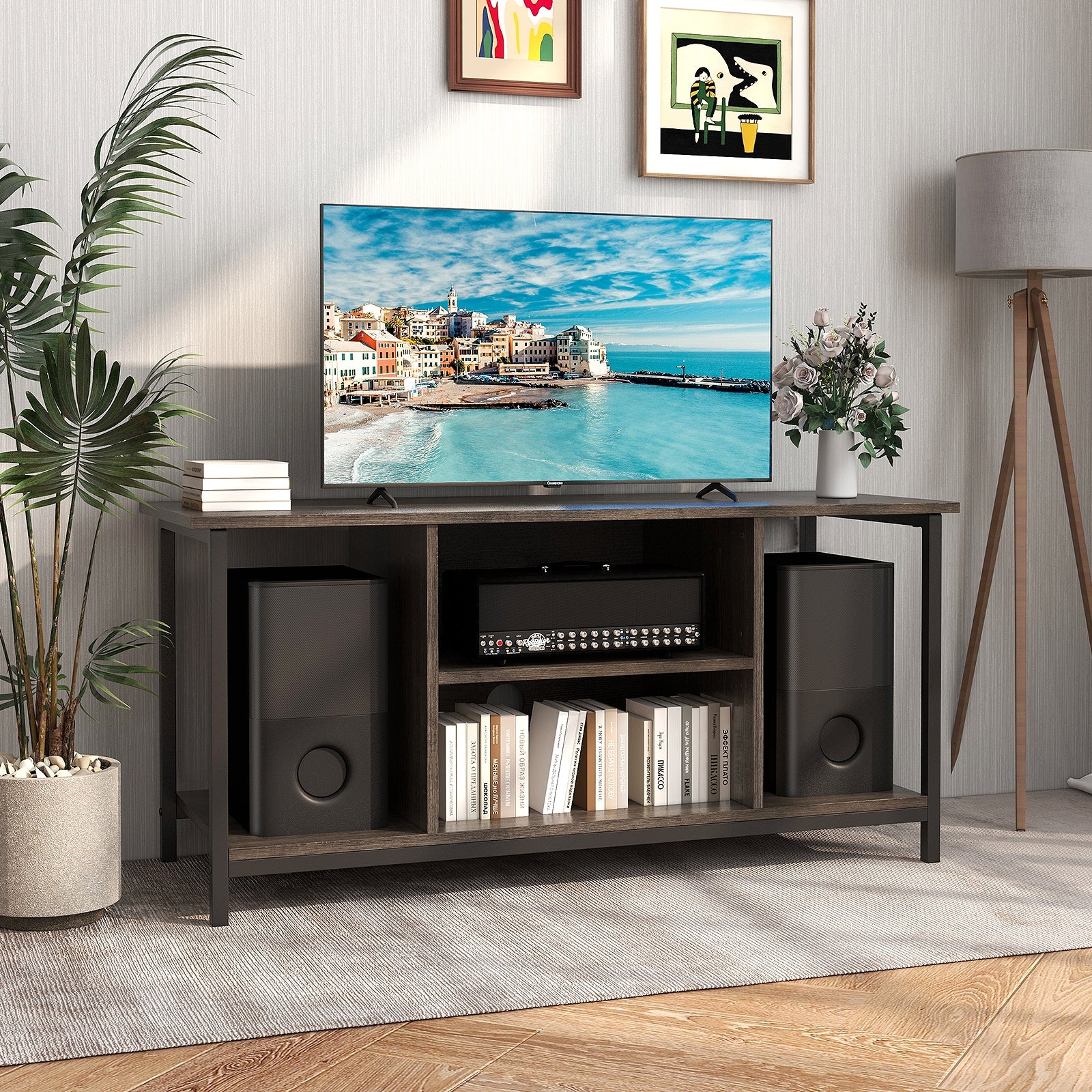 3-Tier TV Stand with Power Outlet USB and Adjustable Shelf, Gray Entertainment Centers & TV Stands at Gallery Canada