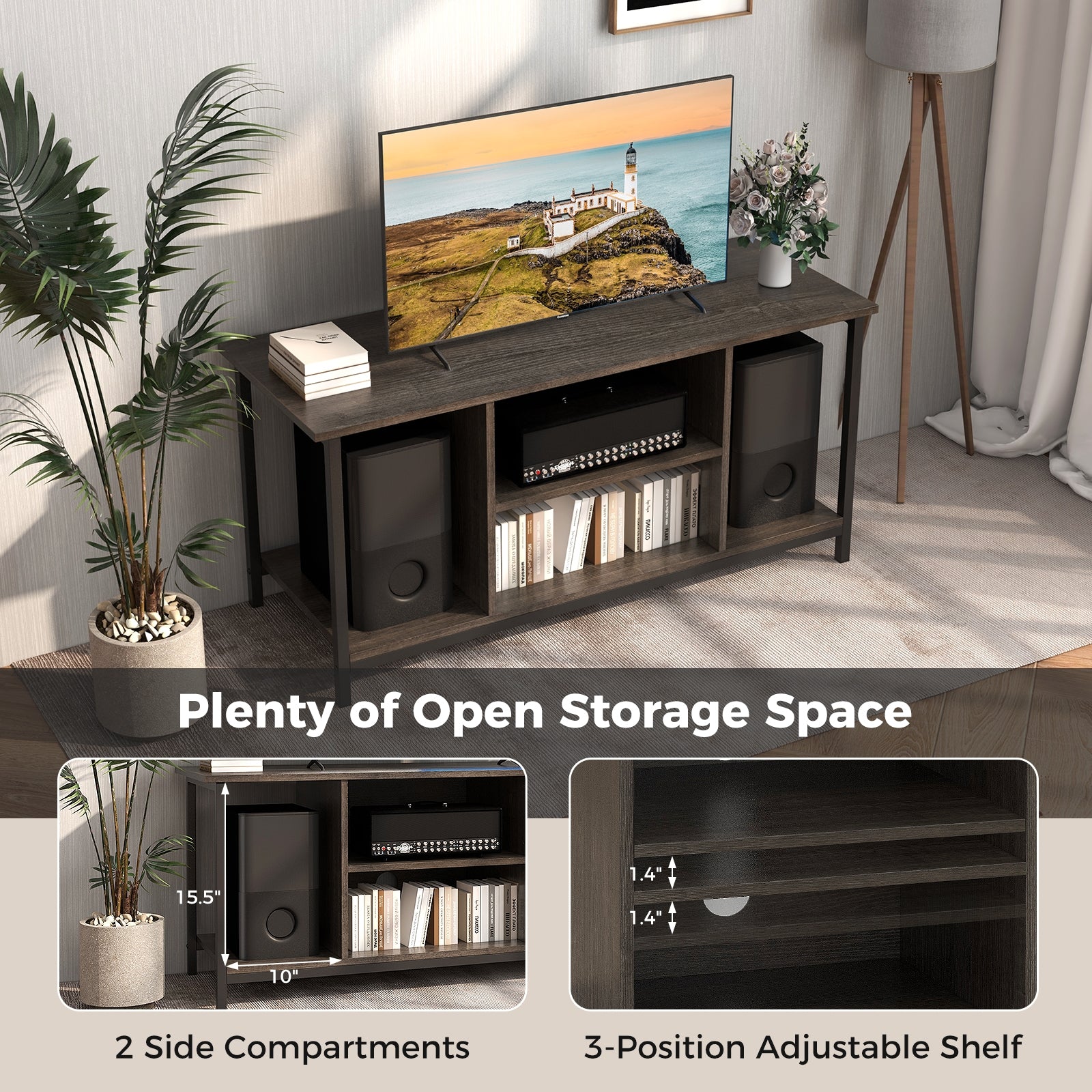 3-Tier TV Stand with Power Outlet USB and Adjustable Shelf, Gray Entertainment Centers & TV Stands at Gallery Canada