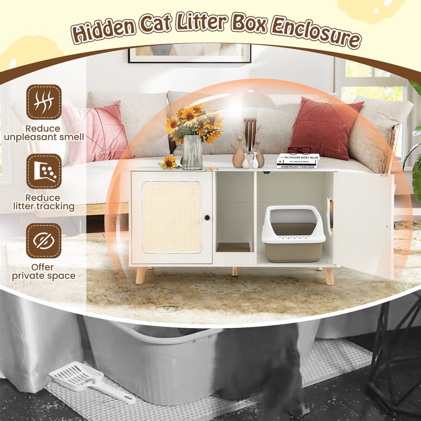 43 Inches Cat Litter Box Enclosure with Double Rooms and 2 Sisal Scratching Mats, White Cat Houses at Gallery Canada