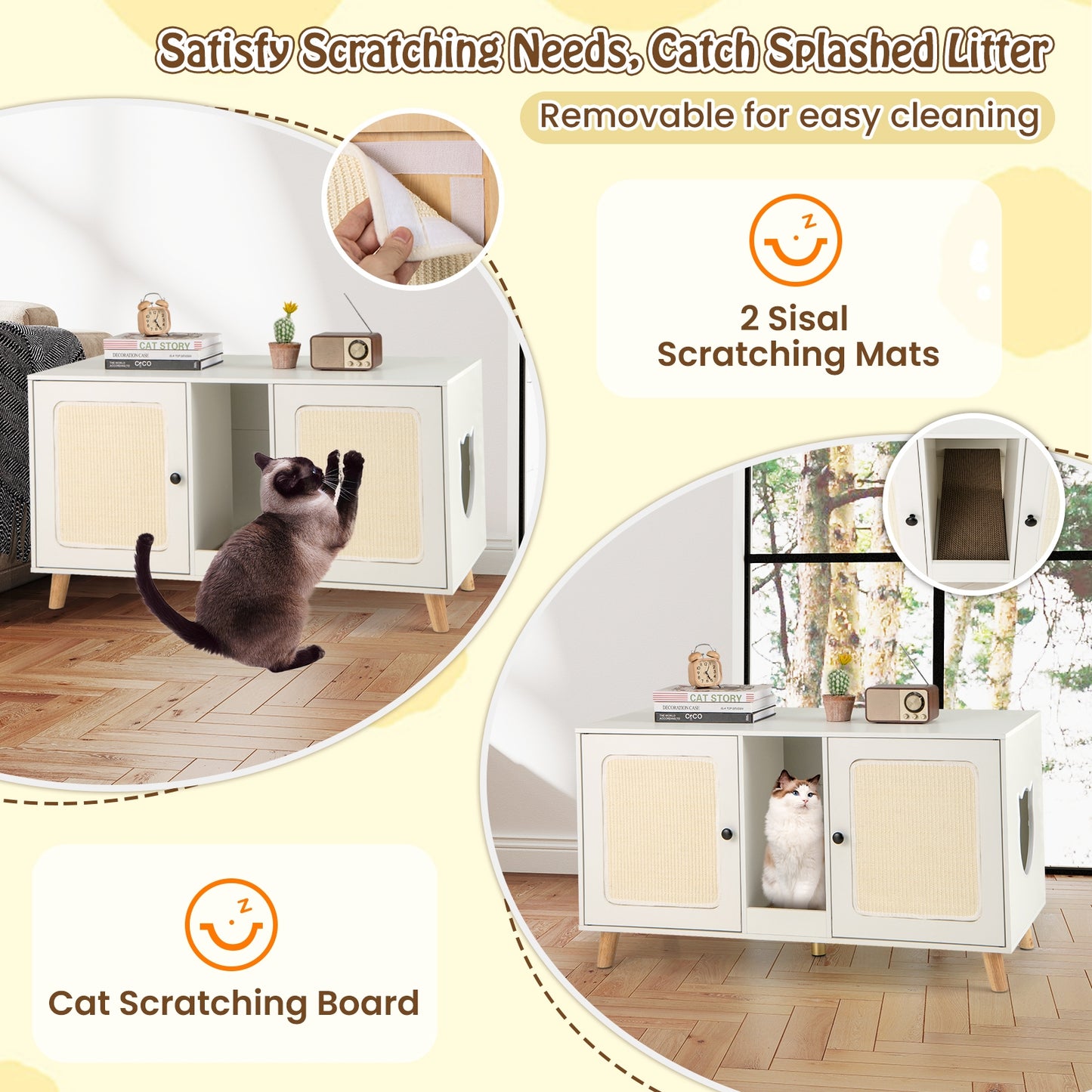 43 Inches Cat Litter Box Enclosure with Double Rooms and 2 Sisal Scratching Mats, White Cat Houses at Gallery Canada