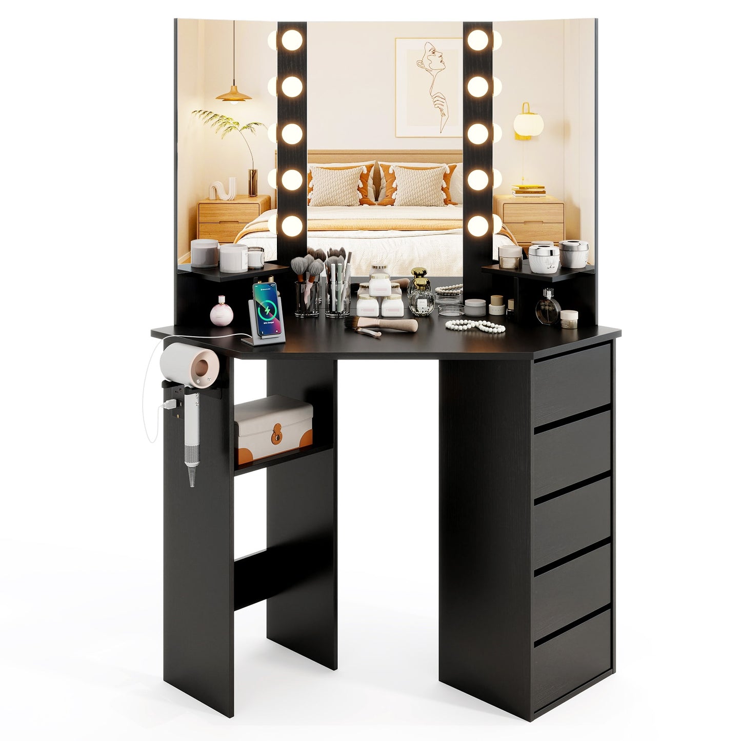 Corner Vanity Desk with 3-Color LED Lighted Mirror and Power Outlet, Black Makeup Vanities at Gallery Canada