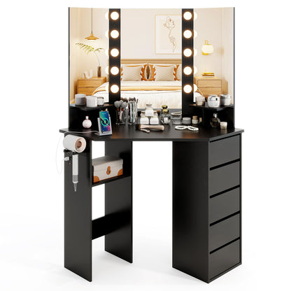 Corner Vanity Desk with 3-Color LED Lighted Mirror and Power Outlet, Black Makeup Vanities at Gallery Canada