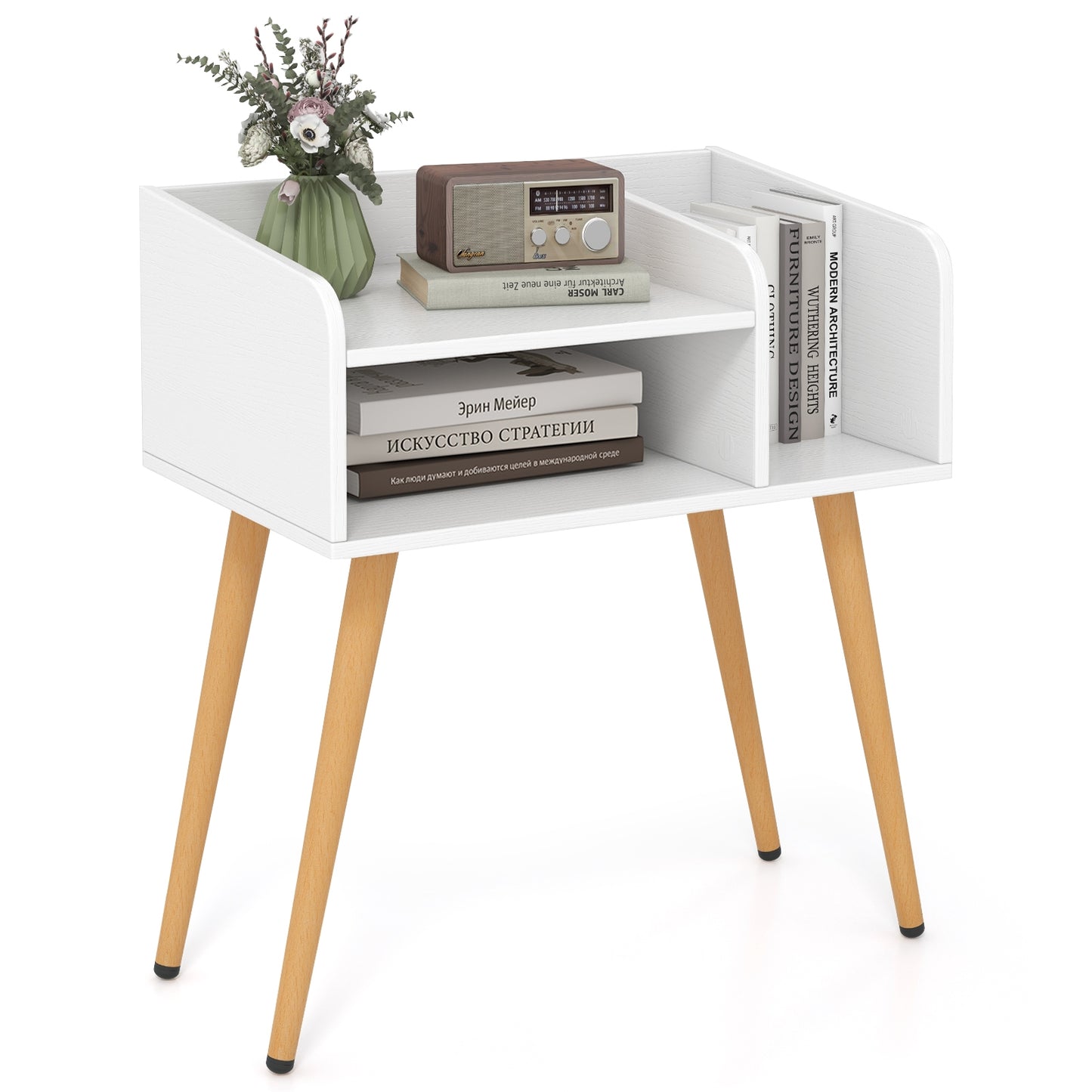 Mid Century Modern Nightstand with Open Shelves, White Nightstands White at Gallery Canada