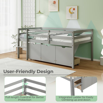 Twin Size Low Loft Bed with 3 Drawers with Ladder and Full-length Guardrails, Gray Trundle Bed Frame at Gallery Canada