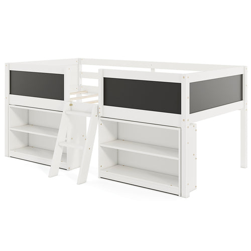 Twin Size Low Loft Bed with Chalkboard Ramp Ladder, Bookcases, White