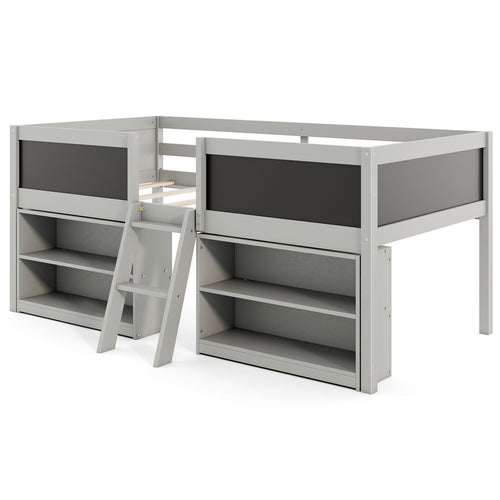 Kid Twin Size Low Loft Bed with Chalkboard Ramp Ladder and Bookcases, Gray