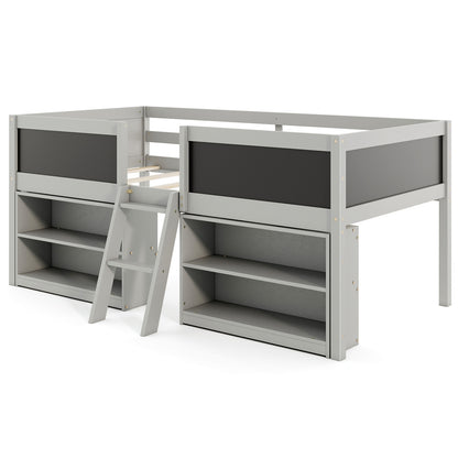 Twin Size Low Loft Bed With Chalkboard Ramp Ladder And Bookcases, Gray Toddler Beds at Gallery Canada