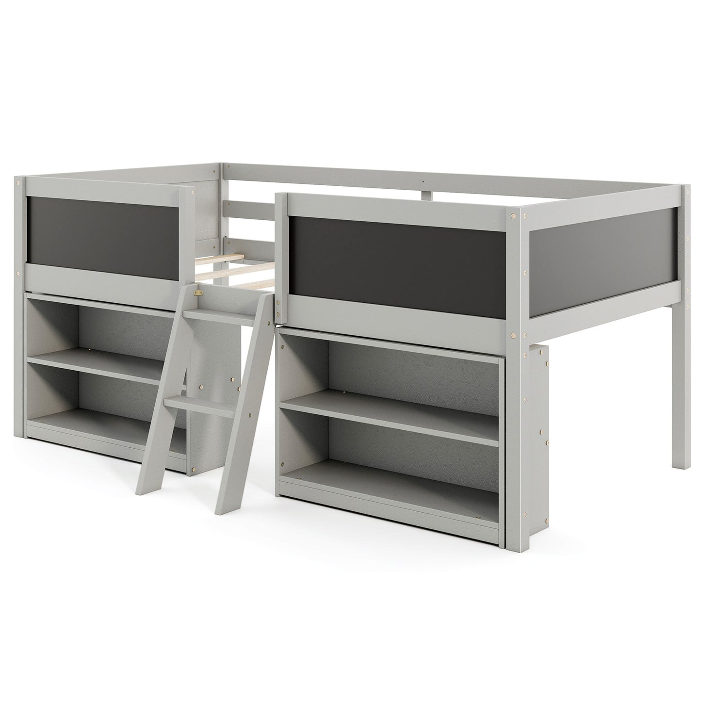 Kid Twin Size Low Loft Bed with Chalkboard Ramp Ladder and Bookcases, Gray Toddler Beds at Gallery Canada