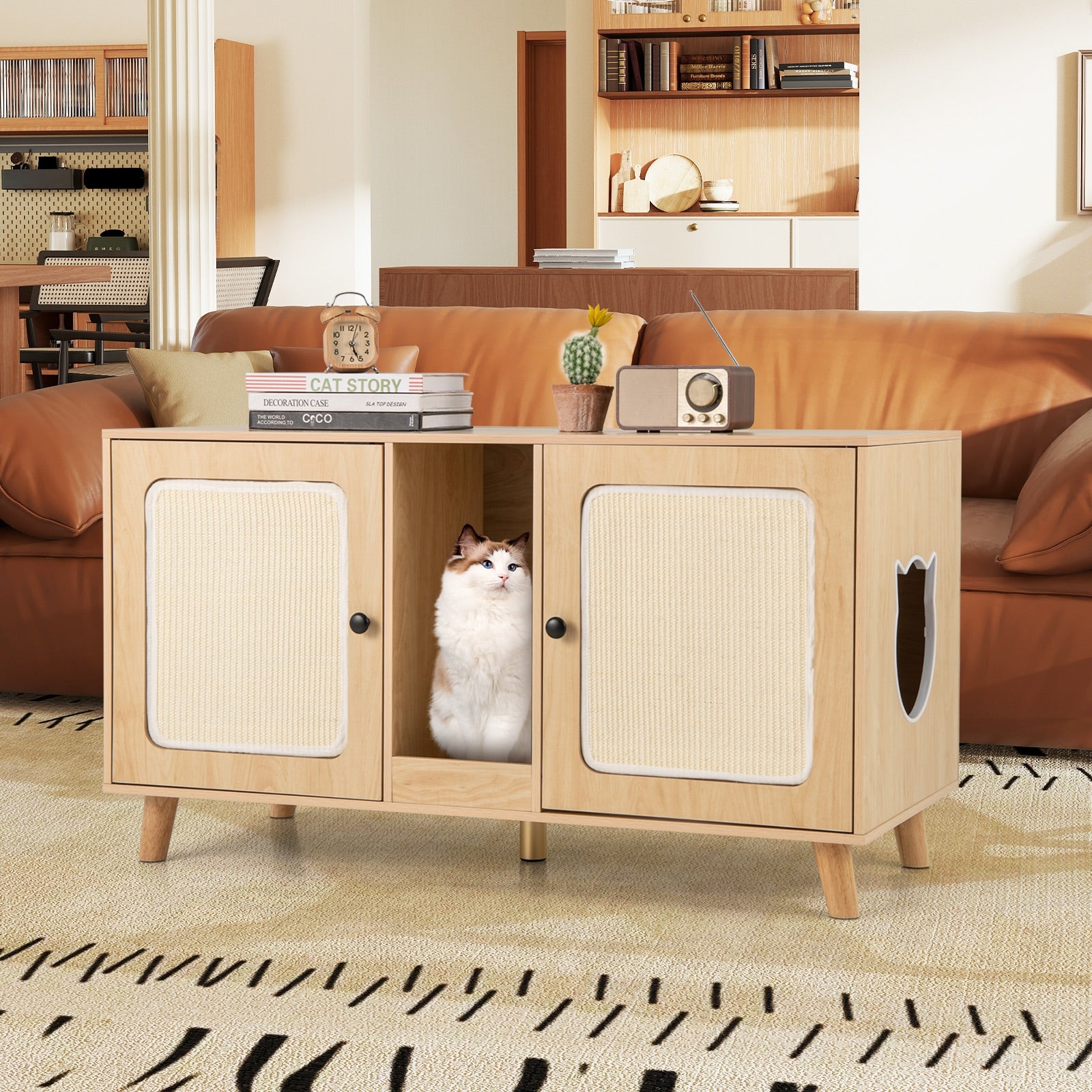 43 Inches Cat Litter Box Enclosure with Double Rooms and 2 Sisal Scratching Mats, Natural Cat Houses at Gallery Canada