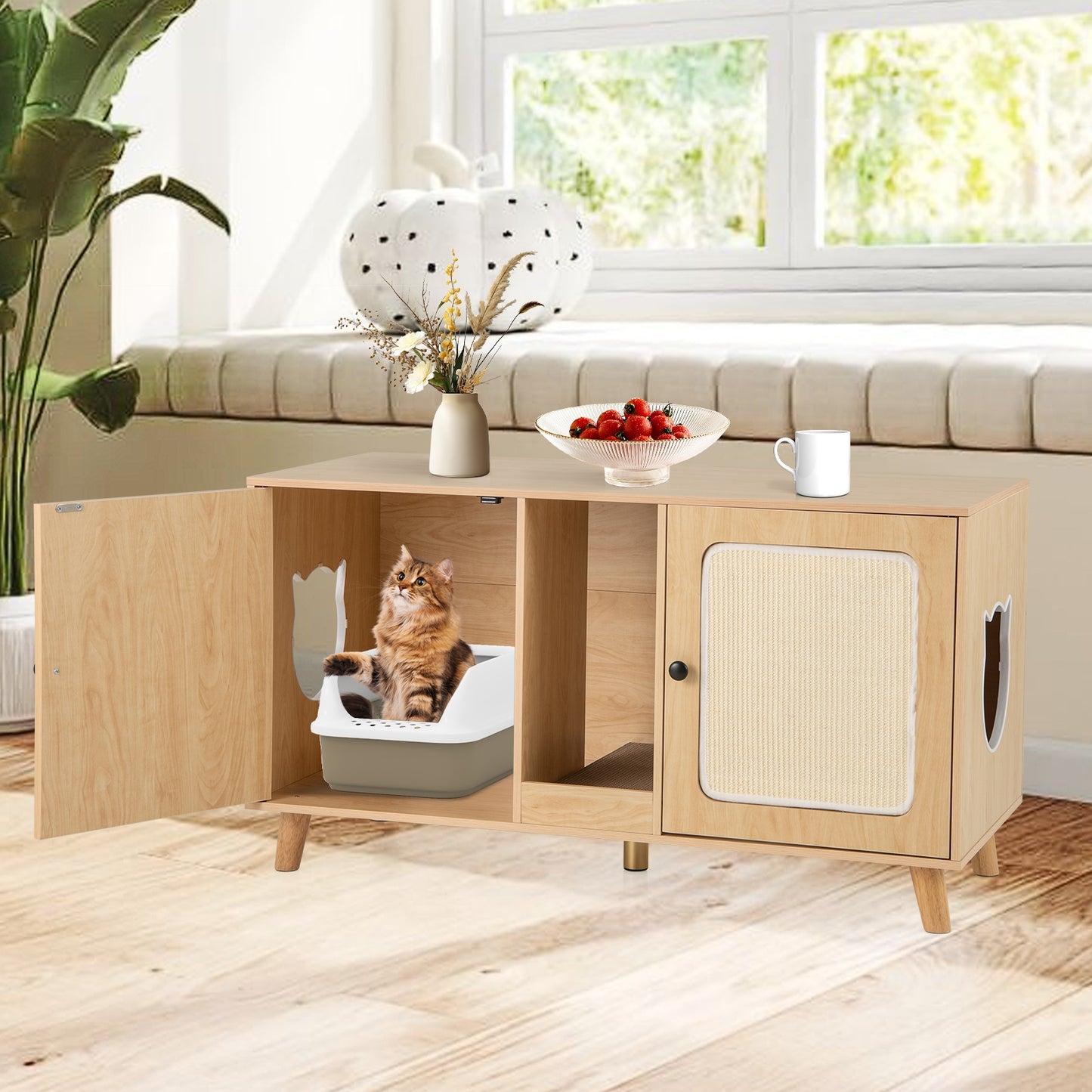 43 Inches Cat Litter Box Enclosure with Double Rooms and 2 Sisal Scratching Mats, Natural Cat Houses at Gallery Canada